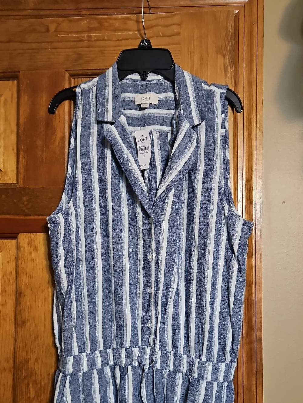 NWT Loft Blue and White Striped Sleeveless Linen Romper - Picture 3 of 7